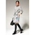 OEM Factory Price Fashion Long Winter Woman Coat Grey Trench Coat with Printed Peacock